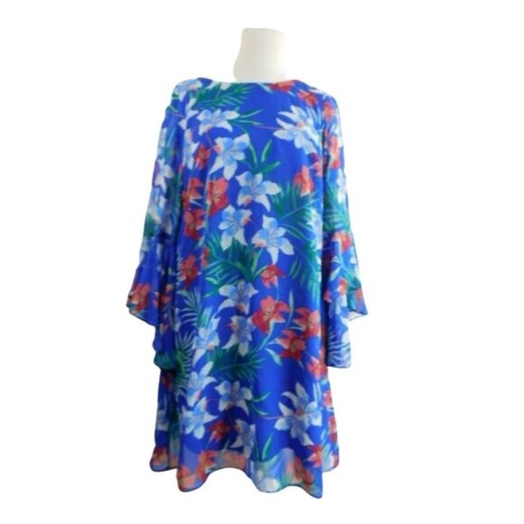 INC Size 10 Flared 3/4 Sleeve Floral Blue multi Lined Dress Macy's - Picture 1 of 2